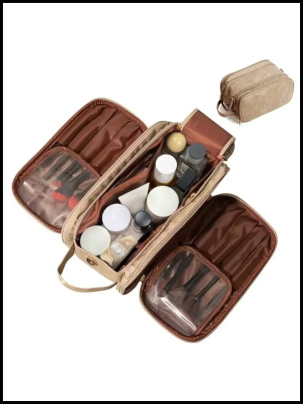 3-Layer Large Capacity PU Cosmetic Toiletry Bag with Double Zippers & Wide
